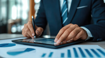 Business professional analyzing data, using a tablet to create charts and graphs, focused on performance metrics in a modern office environment.