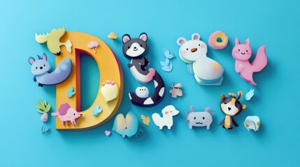Fototapeta premium Letter D: Paper cut style illustration, colorful 3D whimsical, text 