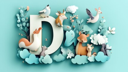 Letter D: Paper cut style illustration, colorful 3D whimsical, text "D" made of cute animals