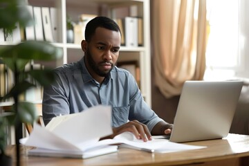 A man is sitting at a desk with a laptop and a stack of papers