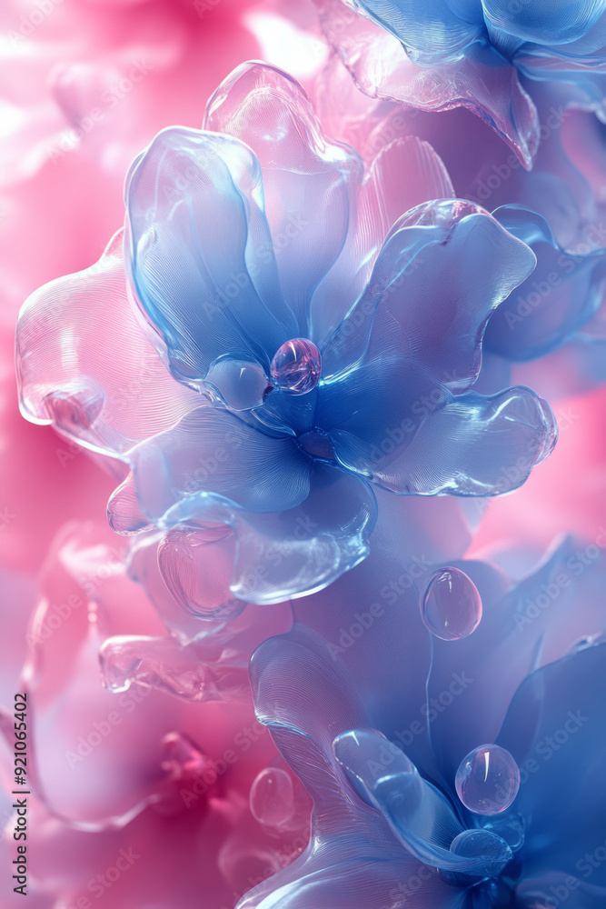 Poster A serene composition of abstract fluid shapes in light blue and pink, blending seamlessly into each other,