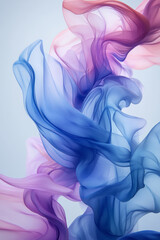 An abstract scene of fluid shapes in soft pastel blue and pink, gently floating against a white background,