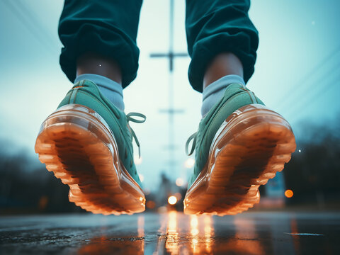 Bottom view cropped image of two people wearing sneakers