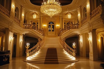 Obraz premium Grand Staircase with Ornate Gold Railing in a Luxurious Interior