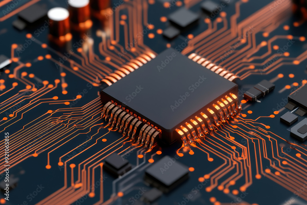 Poster futuristic circuit board close-up, showcasing intricate paths and glowing connections around a centr