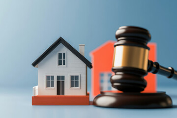 Legal proceedings in real estate, a gavel representing judgment over property disputes, highlighting themes of law, ownership, and the housing market.