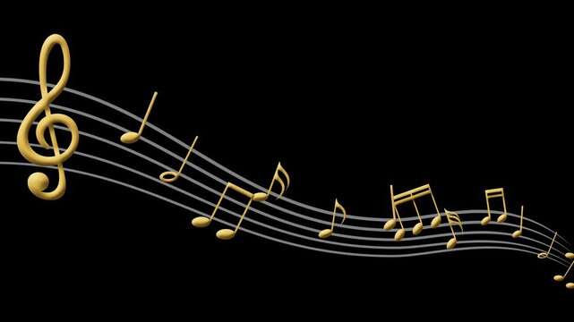 animated music notes on a sheet wave line. video animation isolated on alpha channel background.