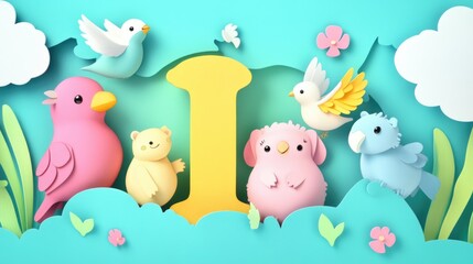 Naklejka premium Letter I: Paper cut style illustration, colorful 3D whimsical, text 