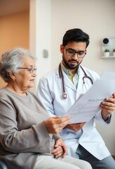 Obraz premium Doctor discusses medical report with elderly patient in a clinic during a routine check-up