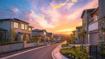 A quiet suburban street lined with houses bathed in the warm glow of a sunset.