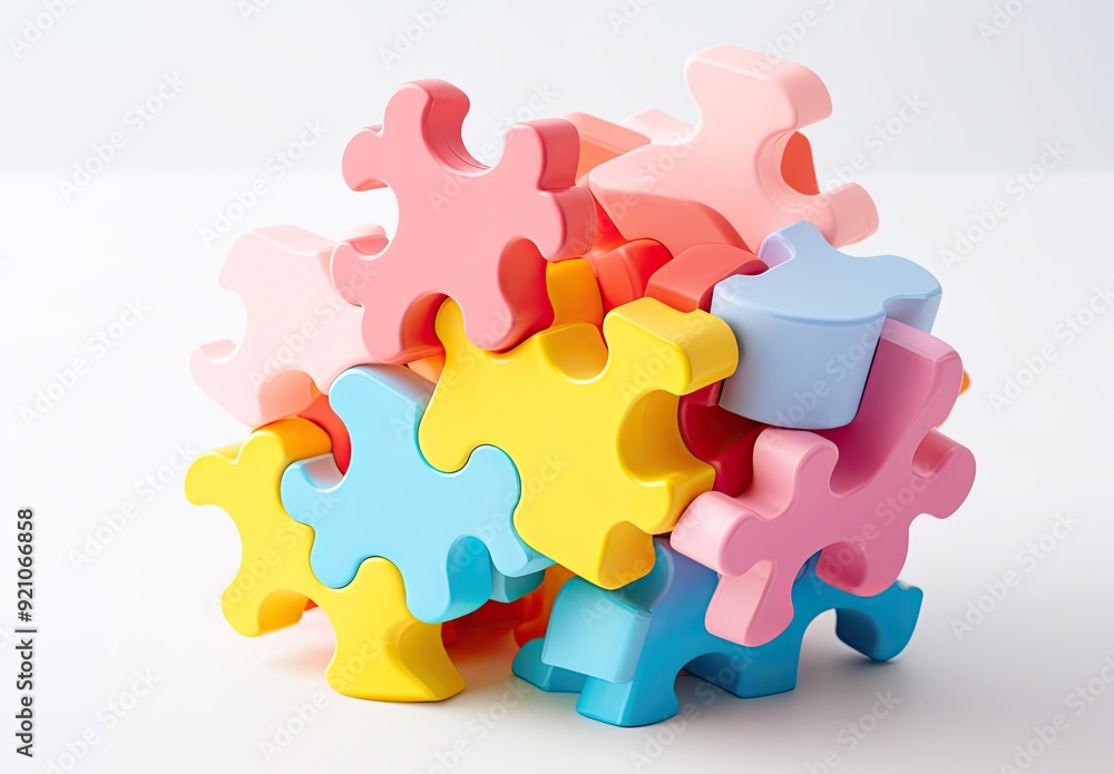Poster a colorful arrangement of interlocking puzzle pieces in various shapes and colors.