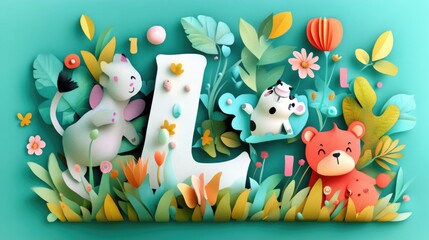 Obraz premium Letter L: Paper cut style illustration, colorful 3D whimsical, text 