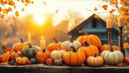 Naklejka premium Colorful pumpkins and candles on a rustic table during a serene autumn sunset