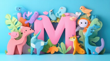 Obraz premium Letter M: Paper cut style illustration, colorful 3D whimsical, text 