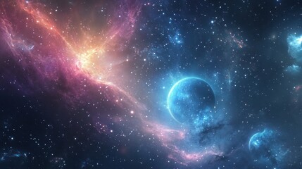 A Blue Planet and Nebulas in a Starry Sky