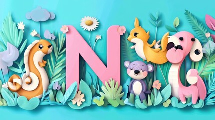 Naklejka premium Letter N: Paper cut style illustration, colorful 3D whimsical, text 