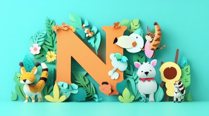 Fototapeta premium Letter N: Paper cut style illustration, colorful 3D whimsical, text 