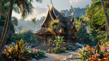A traditional wooden house nestled amidst lush tropical foliage and palm trees. The house has a unique architectural design and is surrounded by a beautiful garden.
