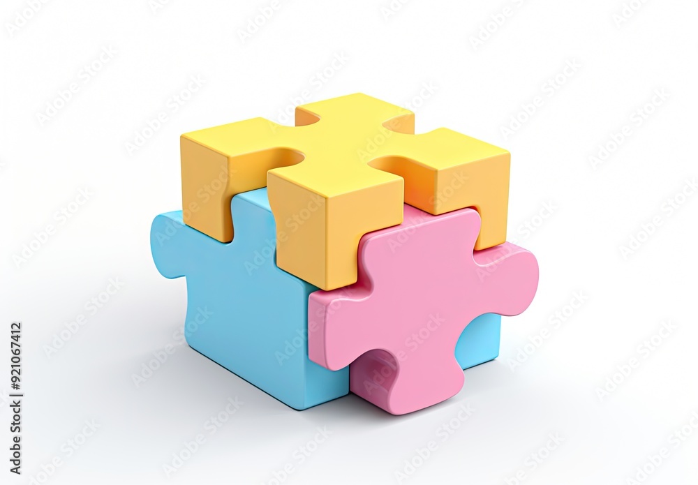 Poster a 3d puzzle piece structure with colorful interlocking pieces.