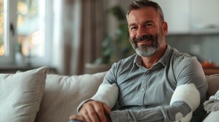 Fototapeta premium A happy man in a comfortable couch at home wears a sling on his injured arm and smiles as he looks at the camera. A concept for treating broken joints in the arm, hand, wrist, shoulder, or elbow.