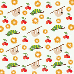 cute sloth, chameleon with fruit as a pattern background