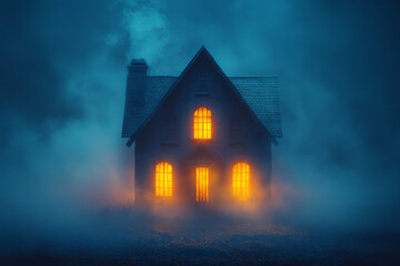 A haunted house silhouette with glowing windows, placed against a pastel sky blue background,