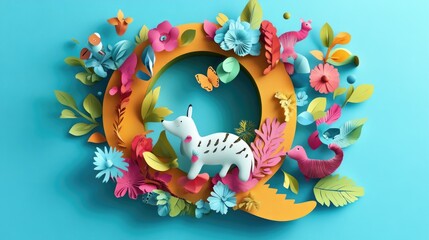 Letter Q: Paper cut style illustration, colorful 3D whimsical, text "Q" made of cute animals