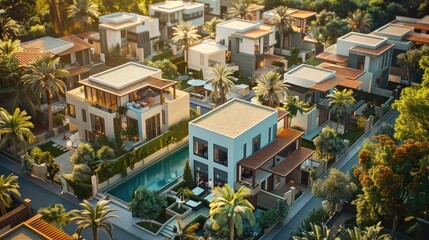 Fototapeta premium Aerial view of a luxurious suburban neighborhood with houses and palm trees.