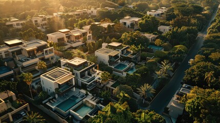 Obraz premium Aerial view of a luxury residential neighborhood with modern houses and swimming pools.