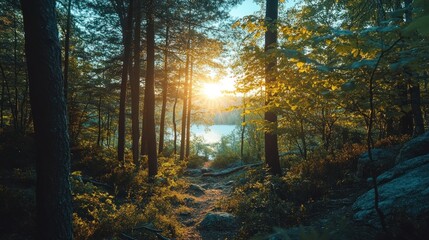 Obraz premium Sunlit Path Through Forest With Lake In The Distance