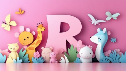 Naklejka premium Letter R: Paper cut style illustration, colorful 3D whimsical, text 