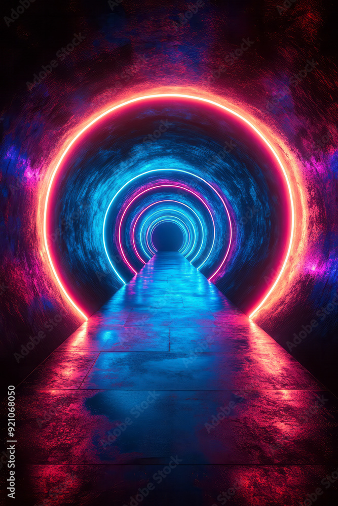 Poster A vibrant neon circular pattern with alternating cyan and magenta rings, creating a pulsating glow against a dark background,