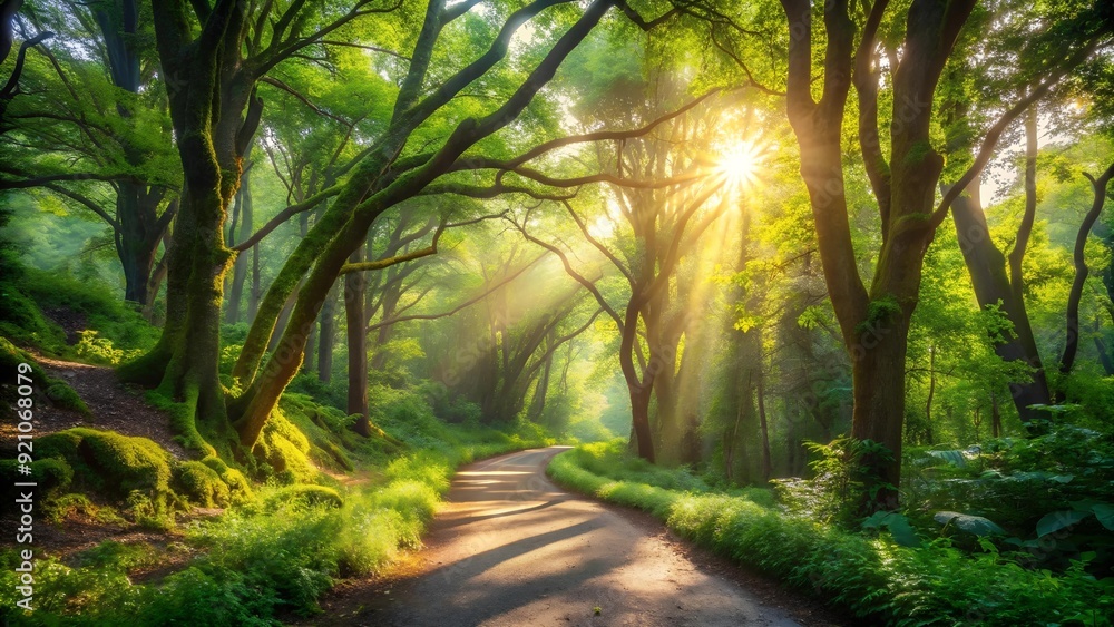 Aufkleber sun dappled forest path generative ai