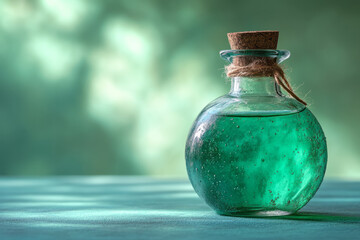 A potion bottle with a glowing green liquid, isolated on a pastel turquoise background,