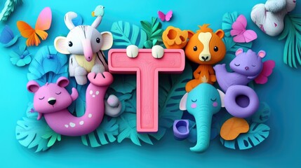 Obraz premium Letter T: Paper cut style illustration, colorful 3D whimsical, text 