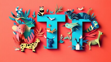 Letter T: Paper cut style illustration, colorful 3D whimsical, text "T" made of cute animals