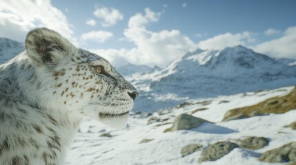 Obraz premium A majestic snow leopard gazes into the a sense of calm and strength against a stunning mountainous backdrop. The scene captures the beauty of nature and the grace of this magnificent creature.