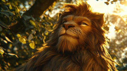 Naklejka premium A majestic lion with a confident expression, basking in sunlight among lush greenery. The scene conveys a sense of strength and tranquility.