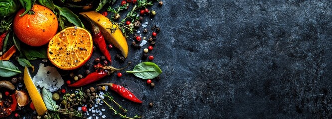 Fresh Citrus, Herbs, and Spices on a Dark Background
