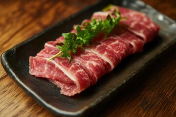 Fototapeta premium Thinly Sliced Raw Beef with Arugula on Black Plate