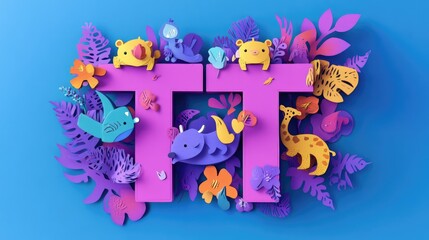 Letter T: Paper cut style illustration, colorful 3D whimsical, text "T" made of cute animals