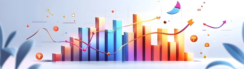 Fototapeta premium 3D Colorful Bar Chart Showing Success with Arrow and Lines.