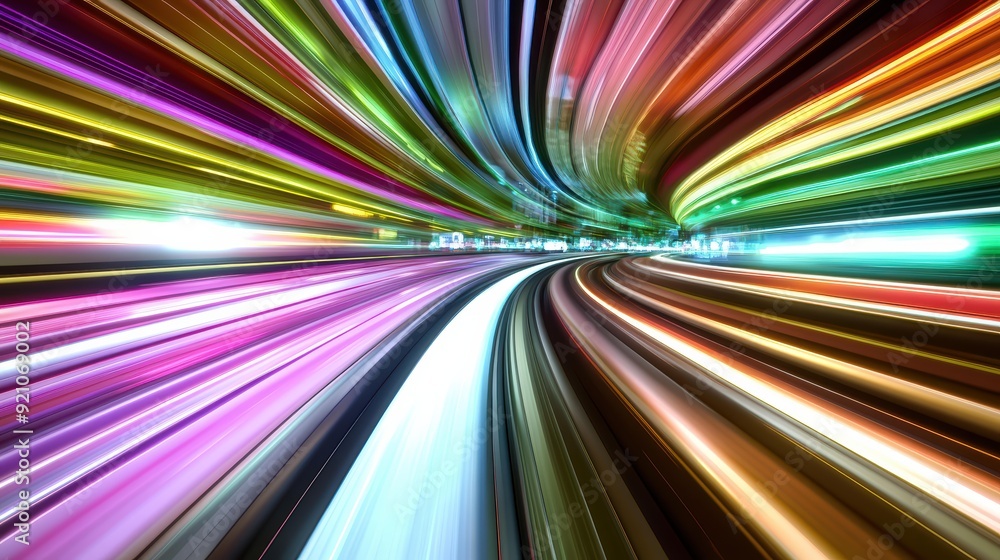 Poster a vibrant and dynamic abstract image showcasing colorful light trails, conveying a sense of speed an