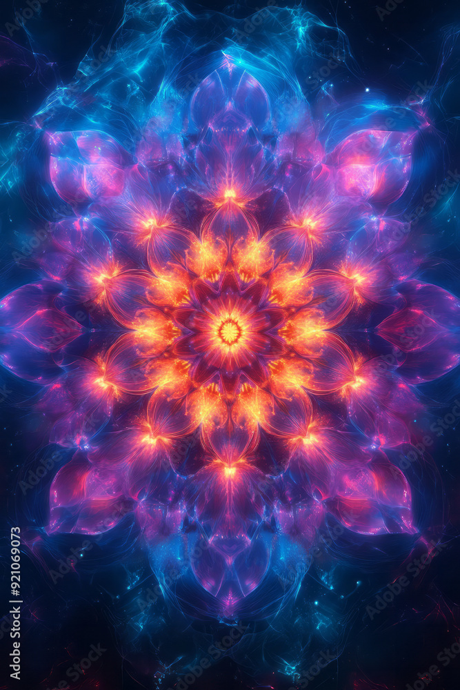 Poster a pattern of neon cyan and magenta circles radiating from a central point, creating a striking, glow