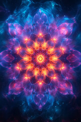 A pattern of neon cyan and magenta circles radiating from a central point, creating a striking, glowing abstract design,