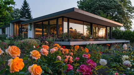 Modern house with large windows overlooking a colorful rose garden at sunset.