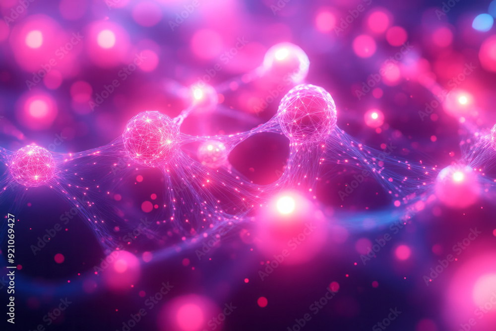 Poster a glowing network of interwoven cyan and magenta neon circles, forming a complex, abstract web,