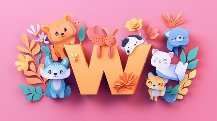 Letter W: Paper cut style illustration, colorful 3D whimsical, text "W" made of cute animals