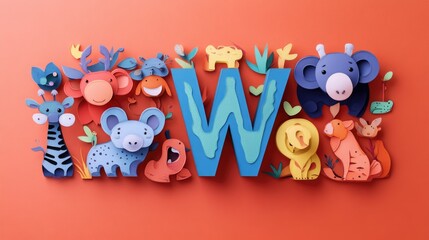Obraz premium Letter W: Paper cut style illustration, colorful 3D whimsical, text 
