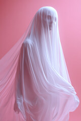 A spooky ghost made of a white sheet, hovering on a pastel pink background,